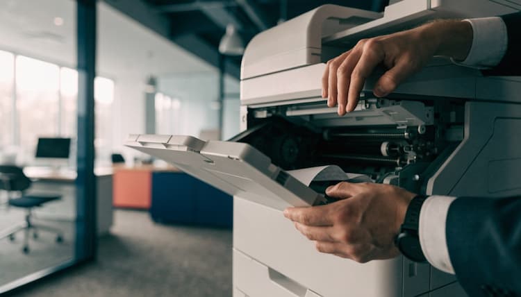 Teknisyen ofis fotokopi makinesinin ön kapağını açarak sıkışan kağıdı çıkarıyor